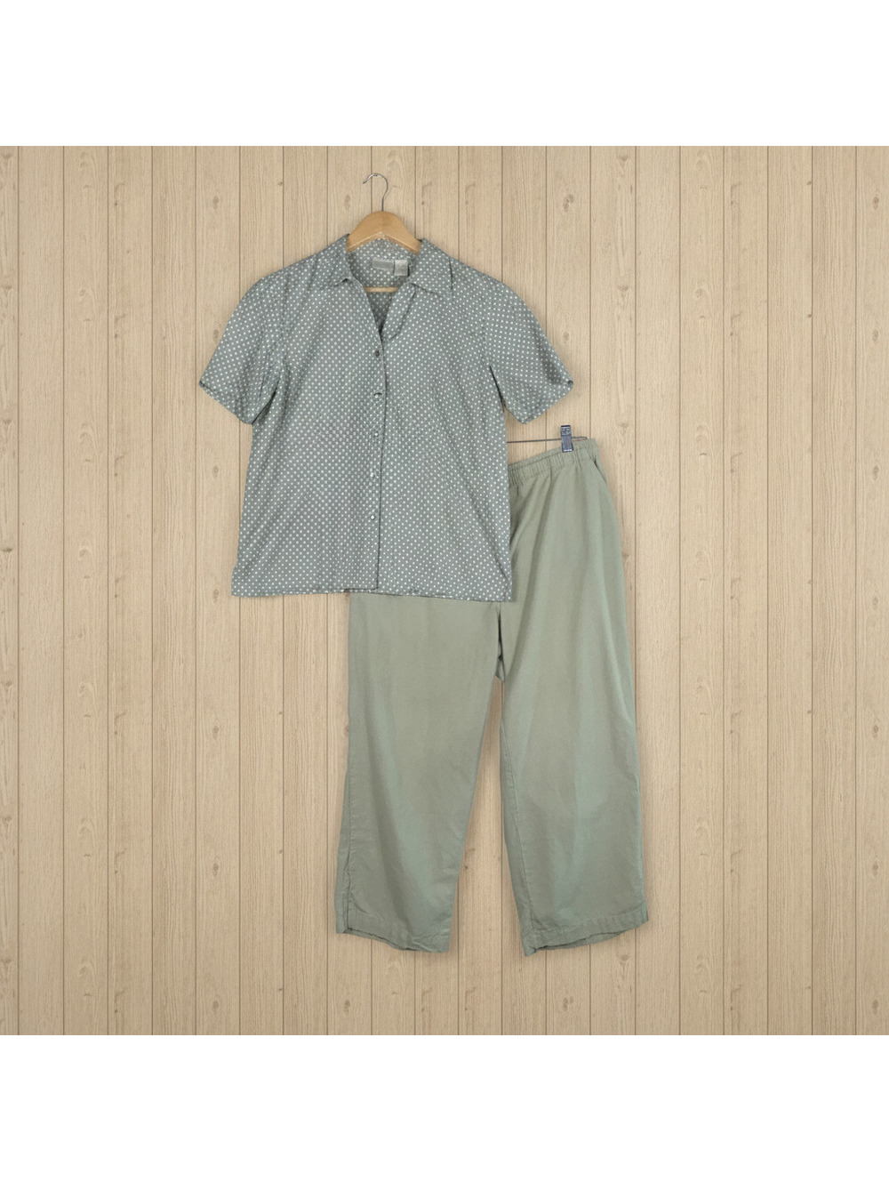 Erika Vintage Cotton 2-Piece Lounge Set M/L Green Button Front Top & Pants